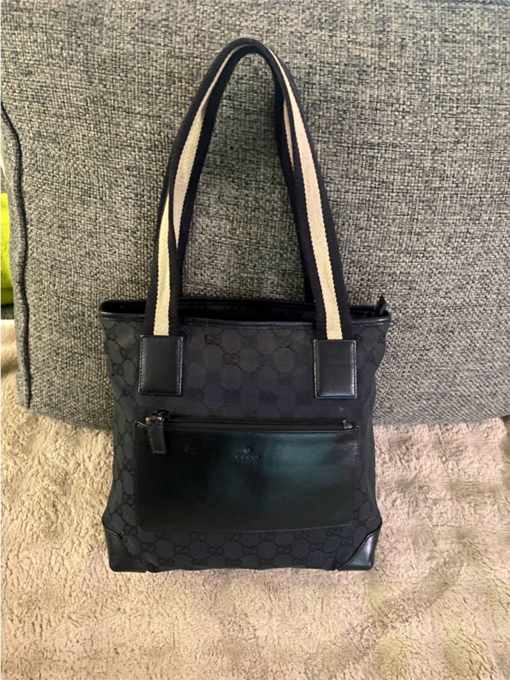 Gucci Black Tote Bag with Contrast Cream Straps 100% Authentic
